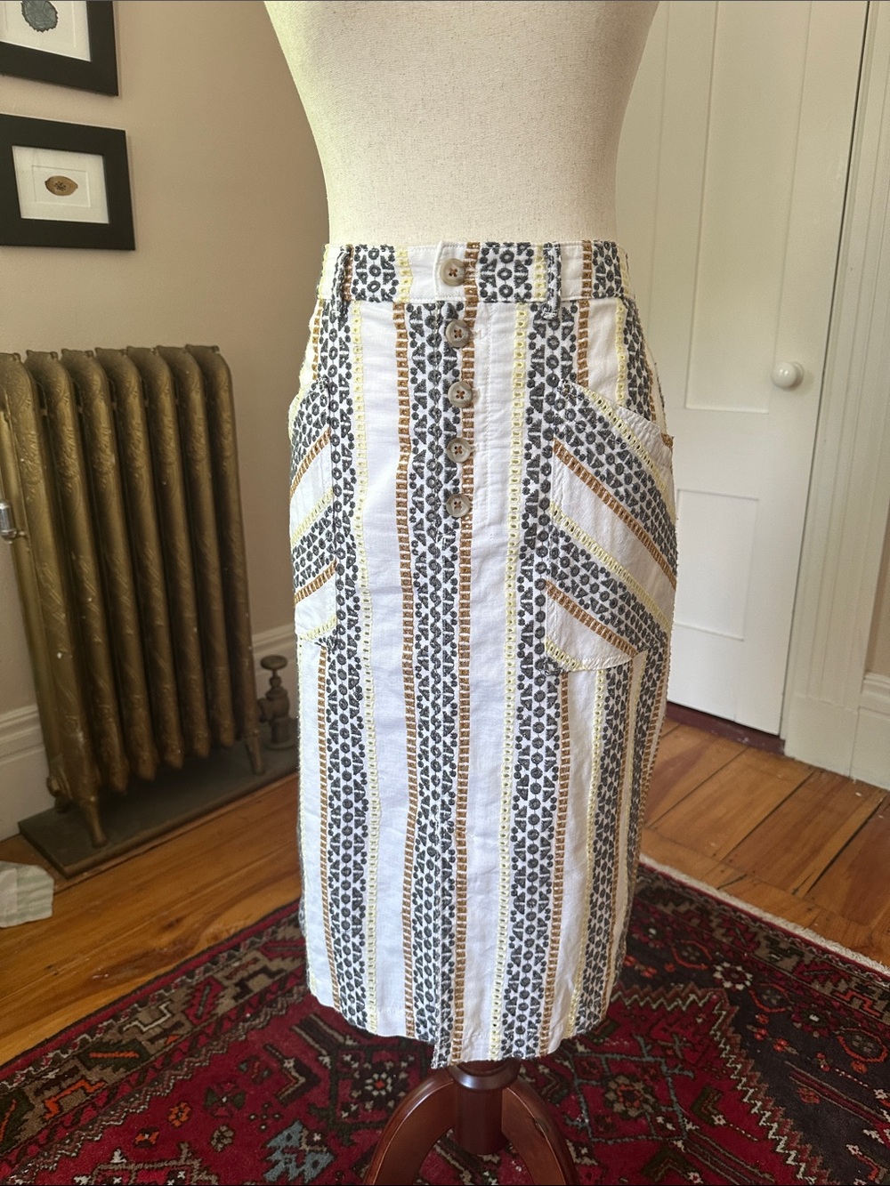 Anthropologie Eyelet Midi Pencil Skirt - White, Gray, Tan & Yellow
